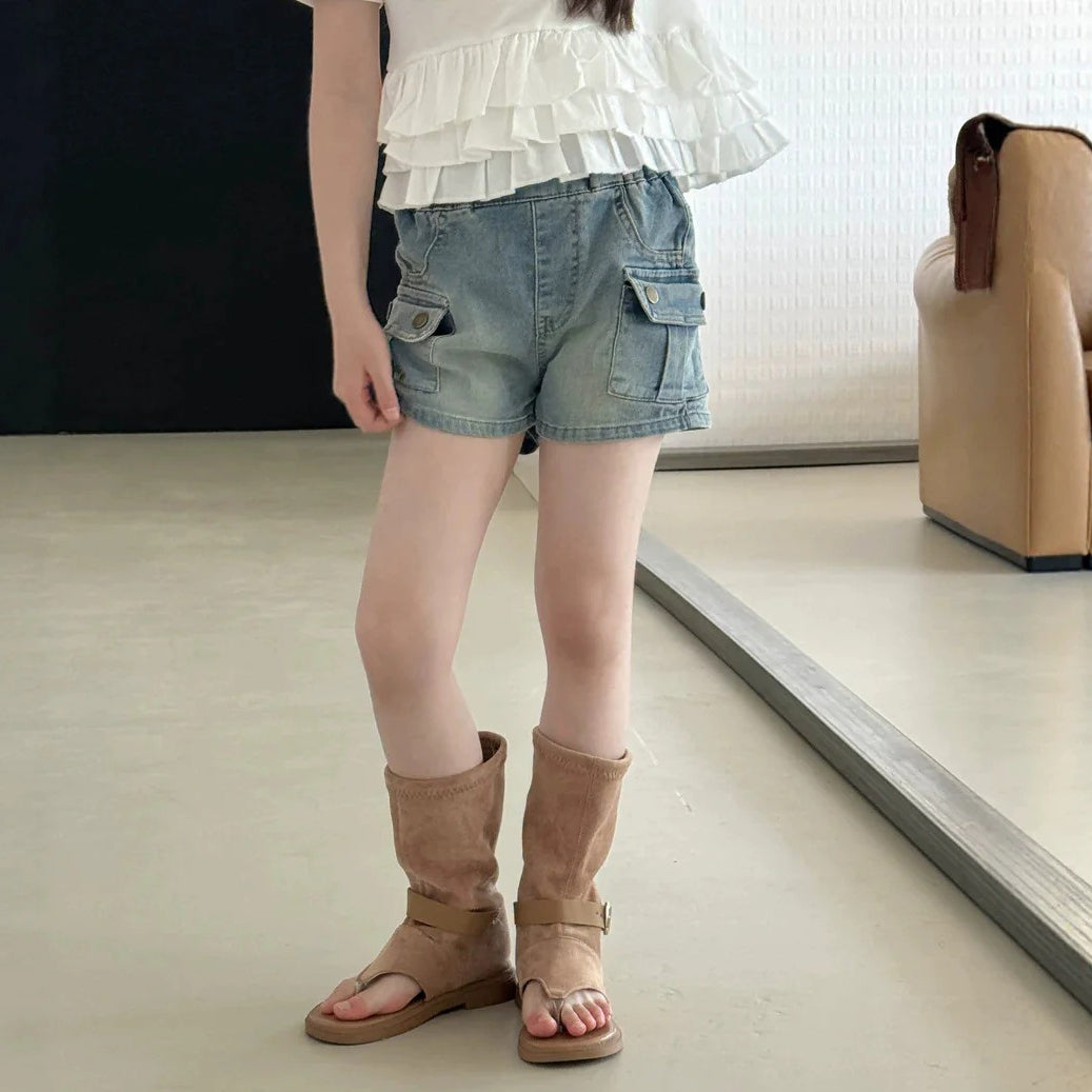 【100-120cm】復古做舊修身牛仔熱褲