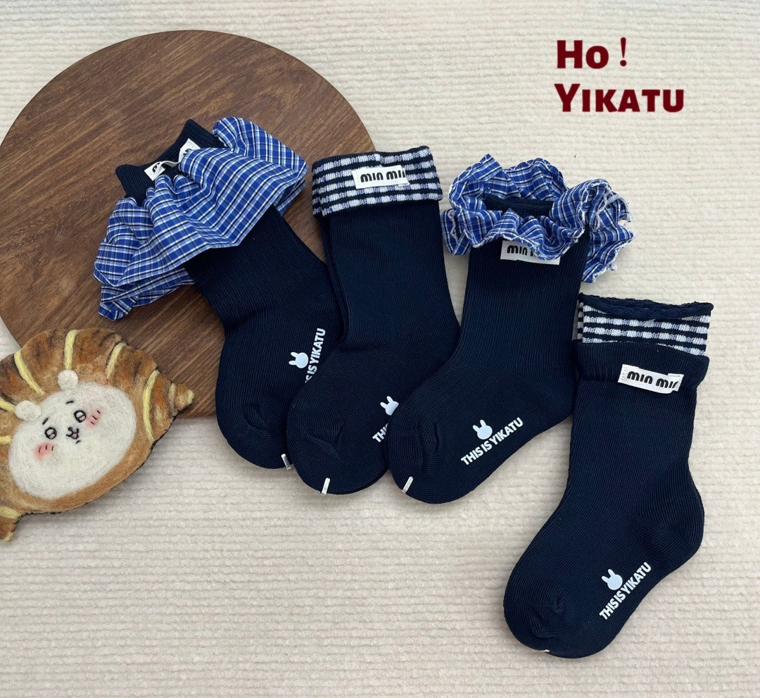 miu系藍色格子花邊中筒襪(四入組)