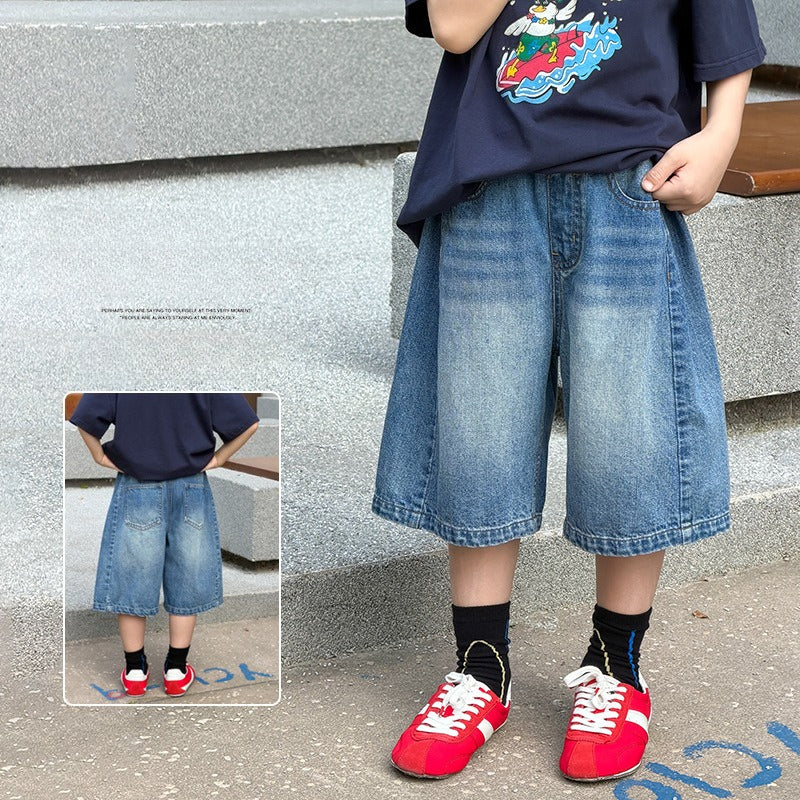 【100-170cm】復古寬鬆牛仔五分褲