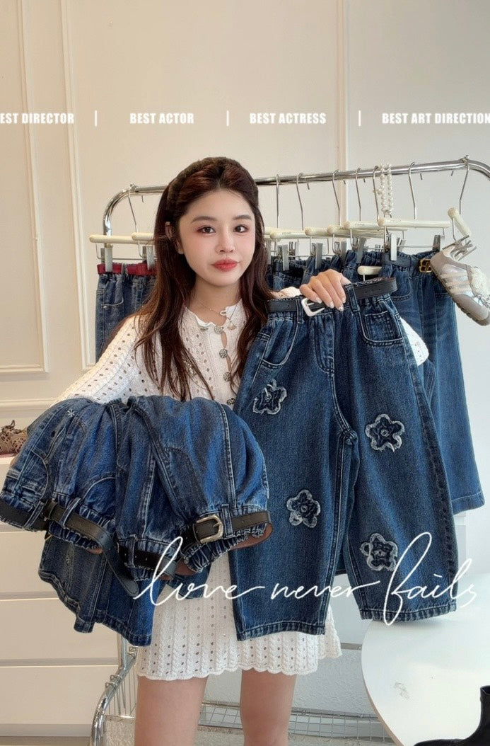 限定款 | 110-170cm 毛邊花朵牛仔老爹褲