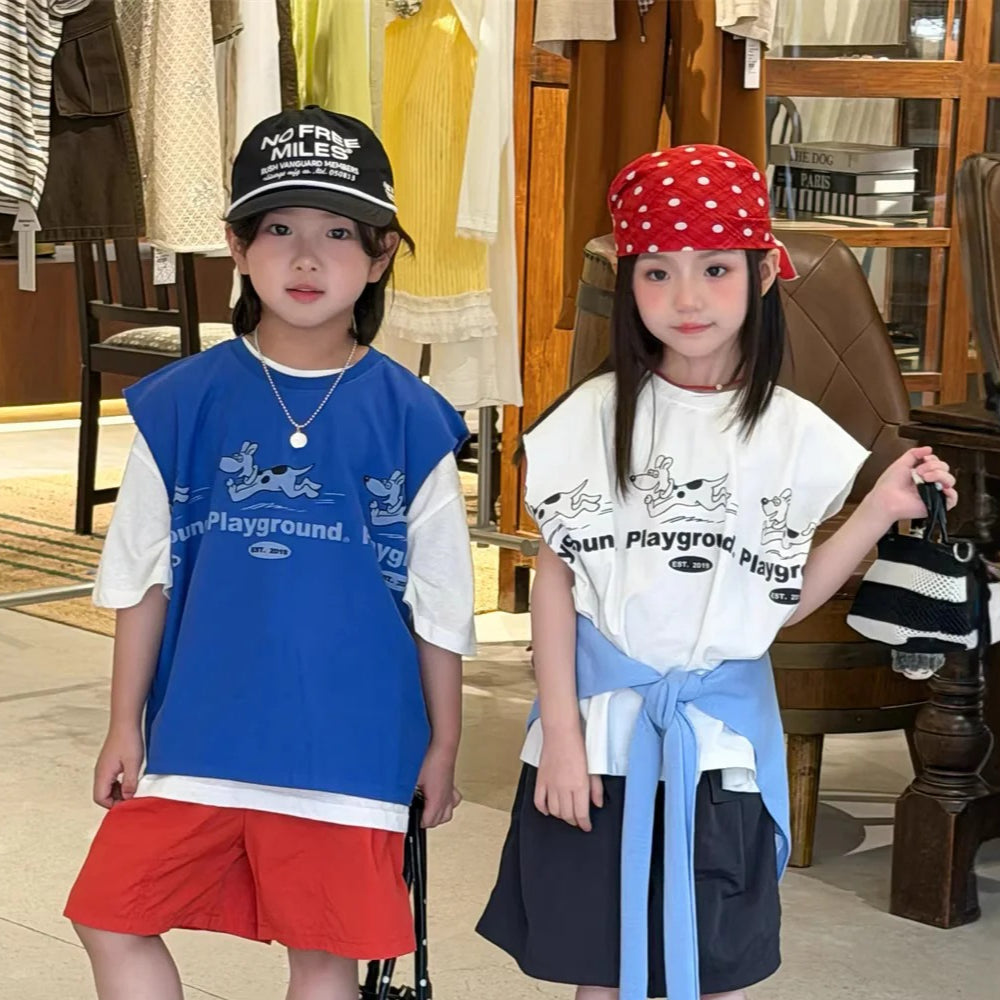 【90-150cm】韓版寬鬆休閒毛邊小狗印花背心