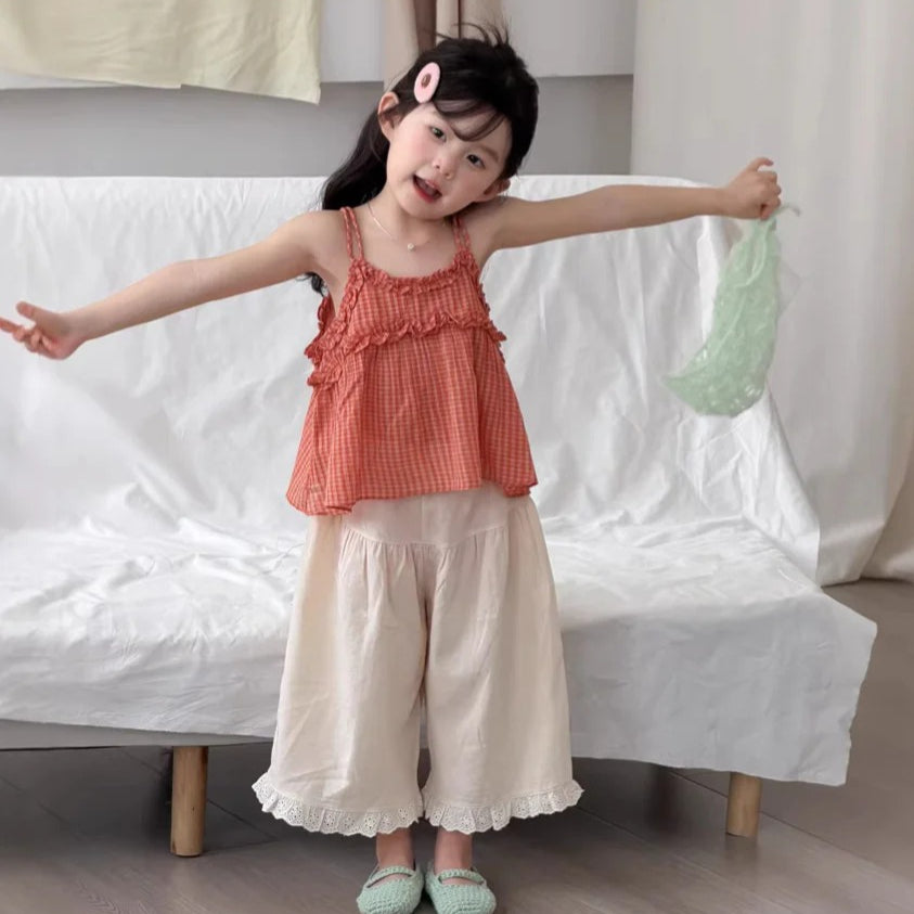 【90-140cm】韓版棉紗格子背心 | 木耳邊褲子