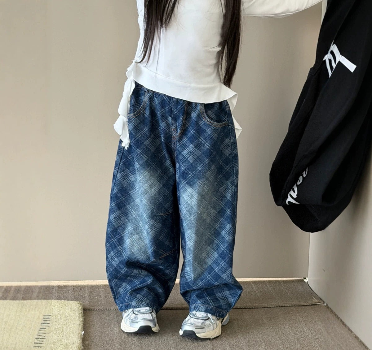 【100-150cm】寬鬆格紋直筒牛仔褲