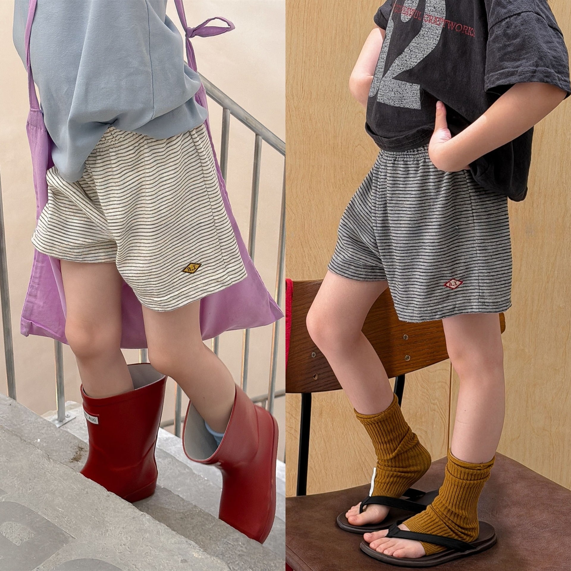 【80-130cm】韓版細條紋鬆緊腰短褲