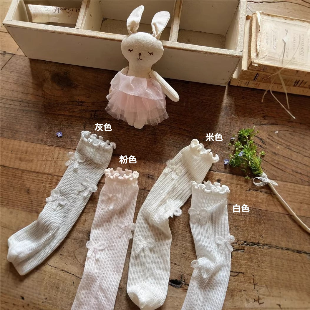 蝴蝶結木耳邊網紗中筒襪