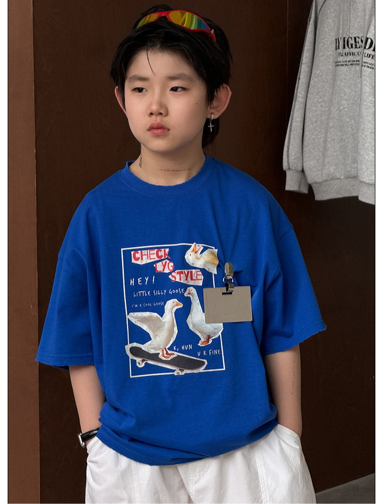 【100-160cm】酷帥男孩滑板鵝寬版T