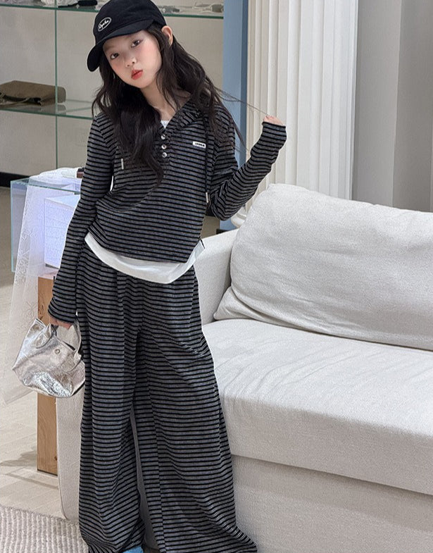 限定款| 100-170cm 鬆弛感假兩件條紋連帽套裝