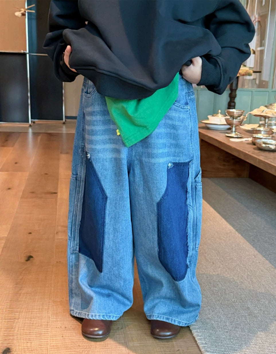 【90-160cm】復古拼接牛仔直筒褲
