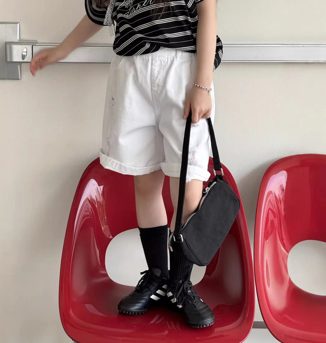 【100-150cm】純色破洞牛仔休閒五分褲