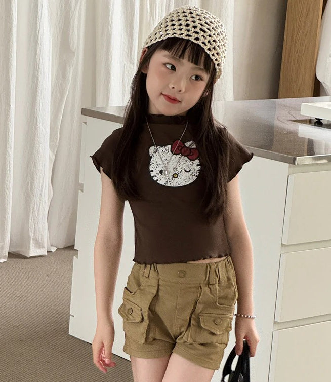 【100-150cm】美式辣妹復古印花木耳邊T