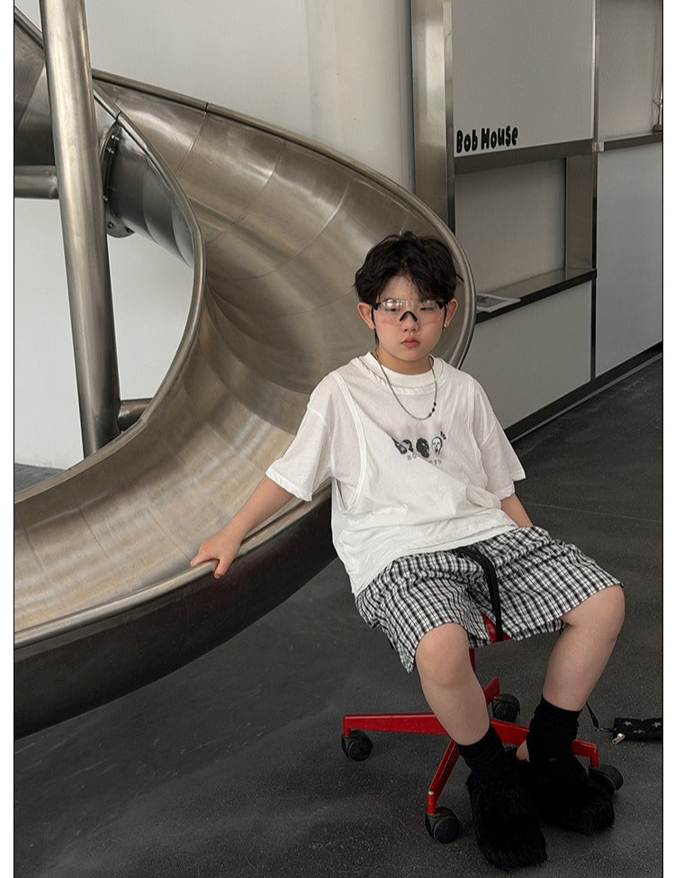 【100-160cm】韓版潮酷真兩件印花T