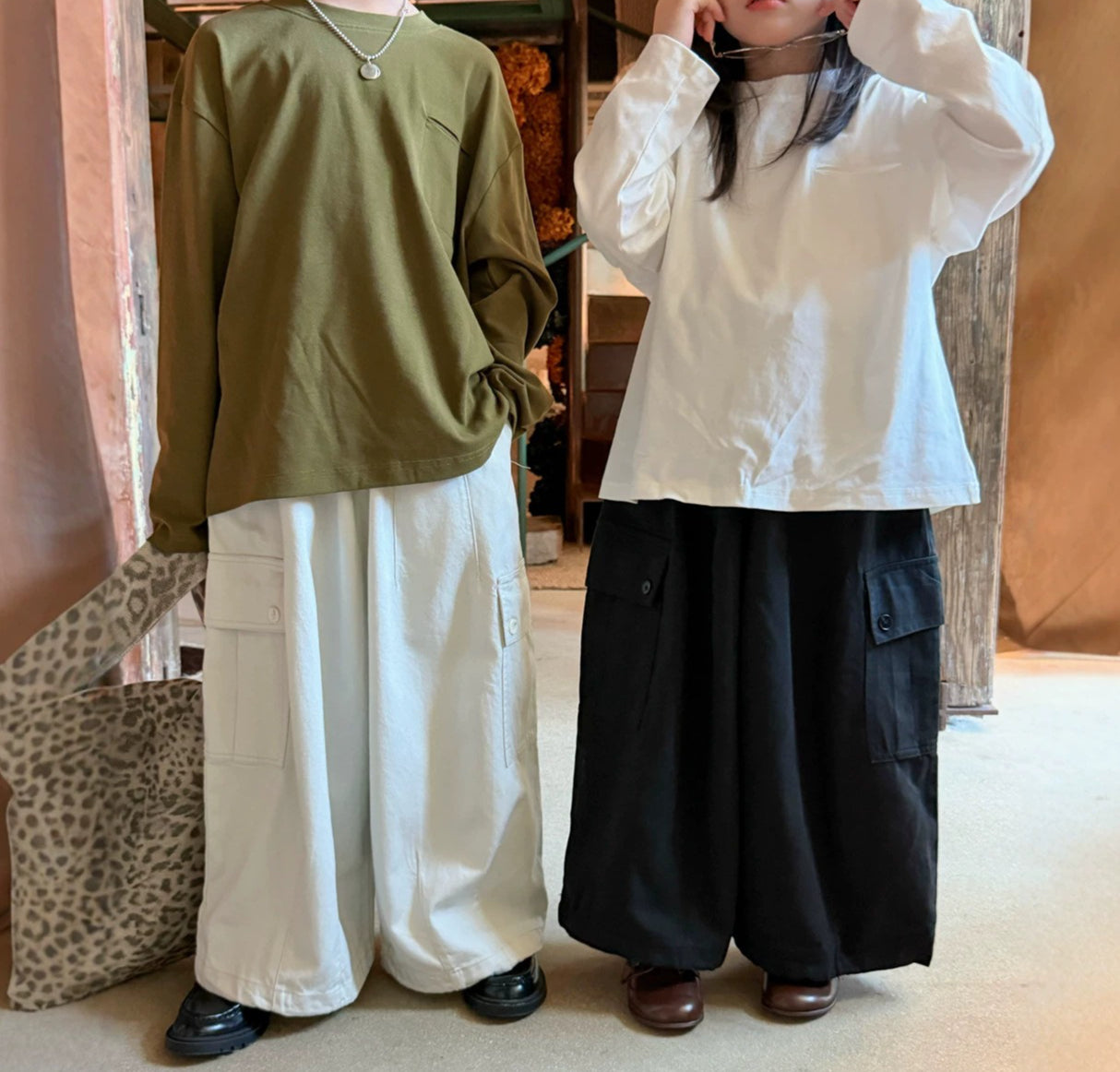 【90-160cm】(3色)口袋抽繩休閒闊腿褲