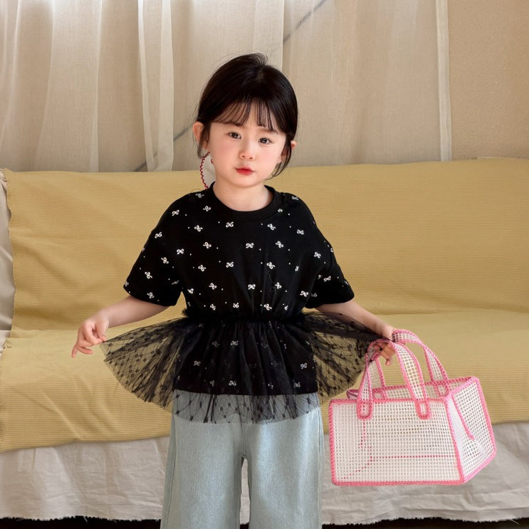 【現貨-100cm | 90-140cm】拼接網紗蝴蝶結T