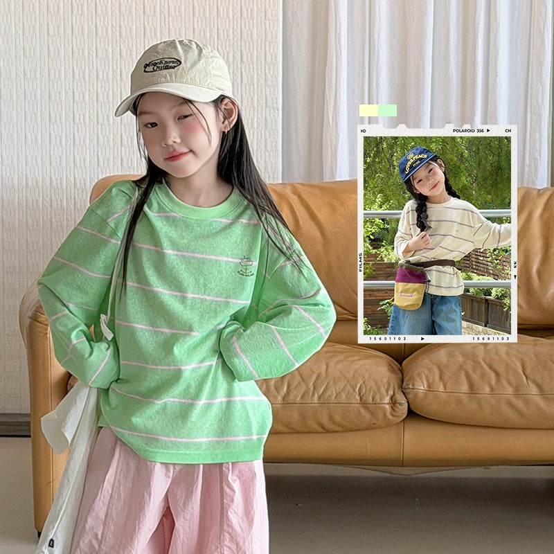 【100-170cm】休閒寬鬆條紋防曬長袖T