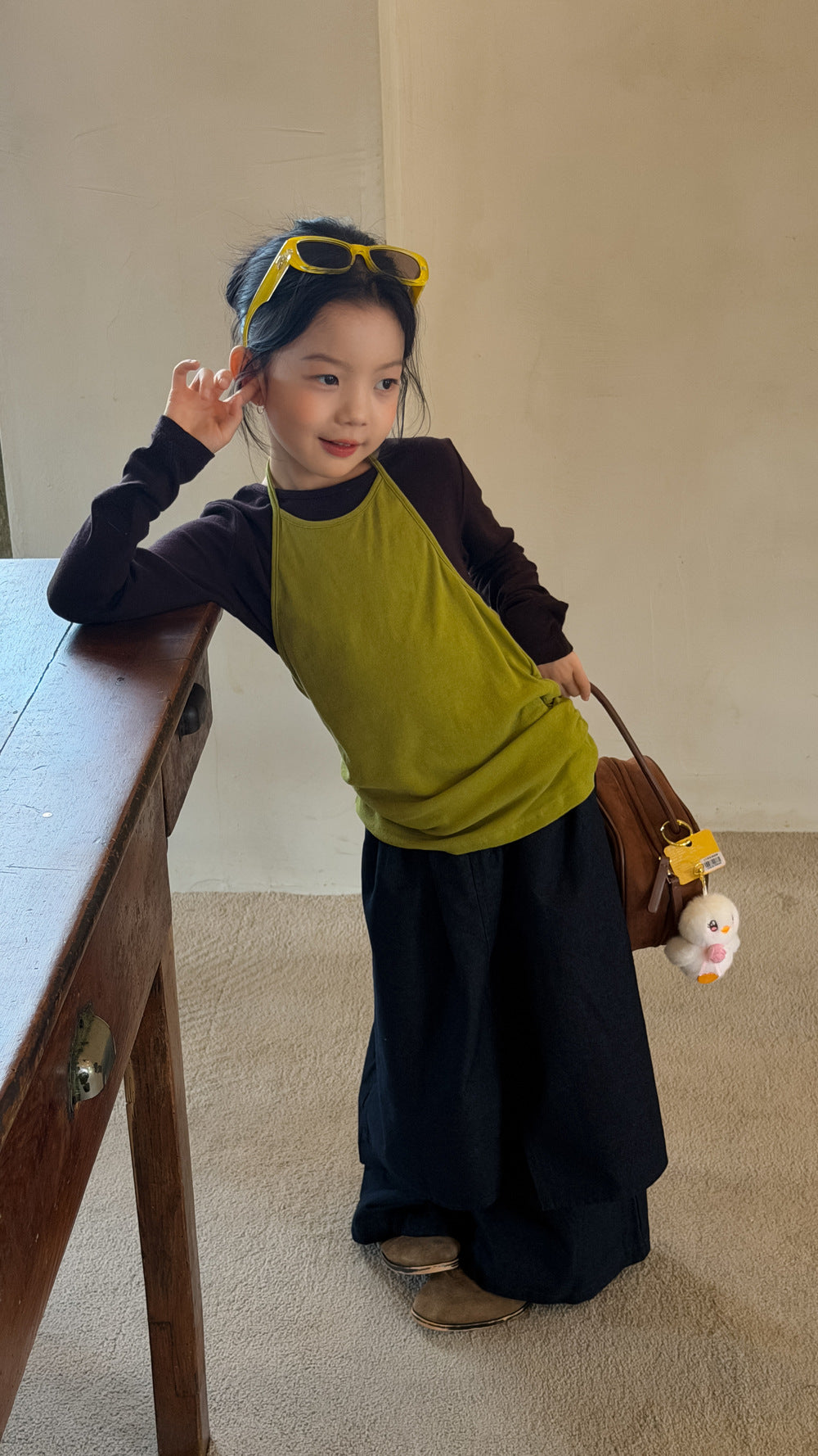 【100-160cm】꒰2色꒱韓系撞色掛脖背心長袖兩件套|藏青拼接半身裙|牛仔屁簾褲