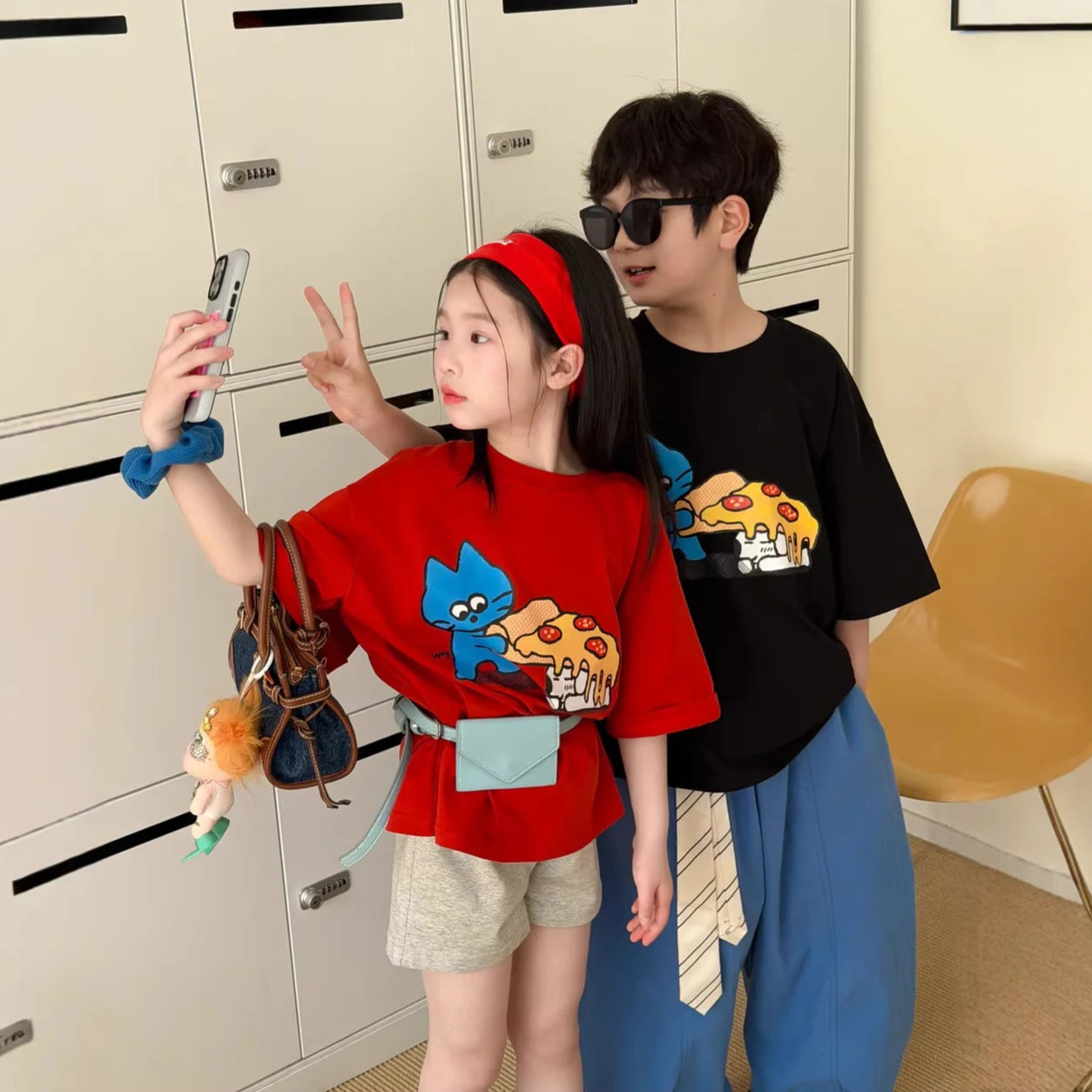 【100-160cm】韓版卡通pizza印花短袖