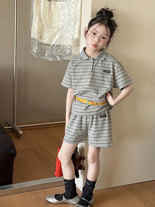 【100-170cm】2色-學院風條紋POLO短袖套裝