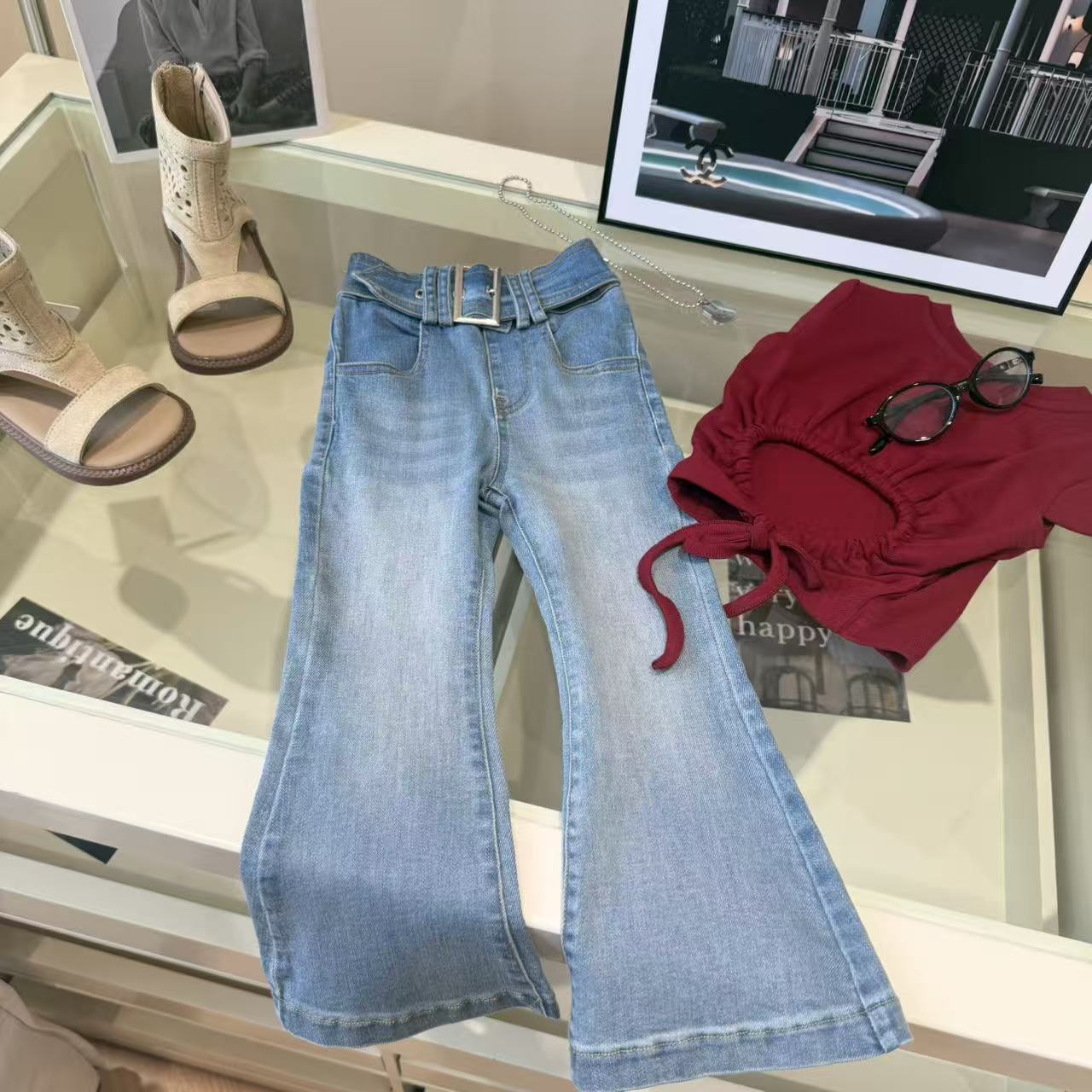 限定款|【90-160cm】時髦雙腰頭牛仔喇叭褲