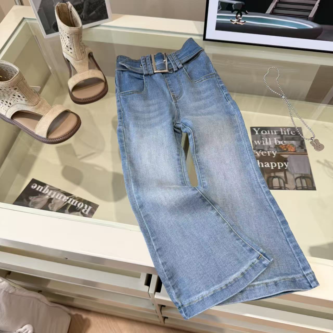 限定款|【90-160cm】時髦雙腰頭牛仔喇叭褲