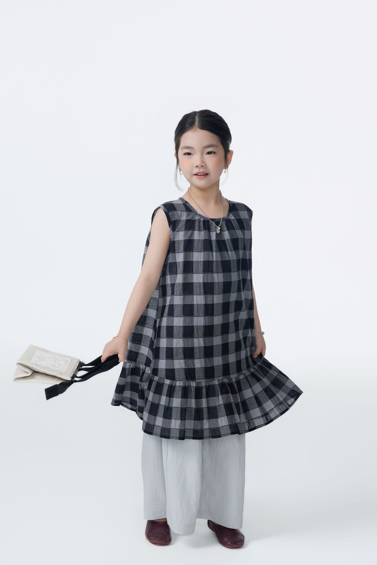 【90-150cm / F】【親子裝】日系荷葉邊黑灰格背心裙