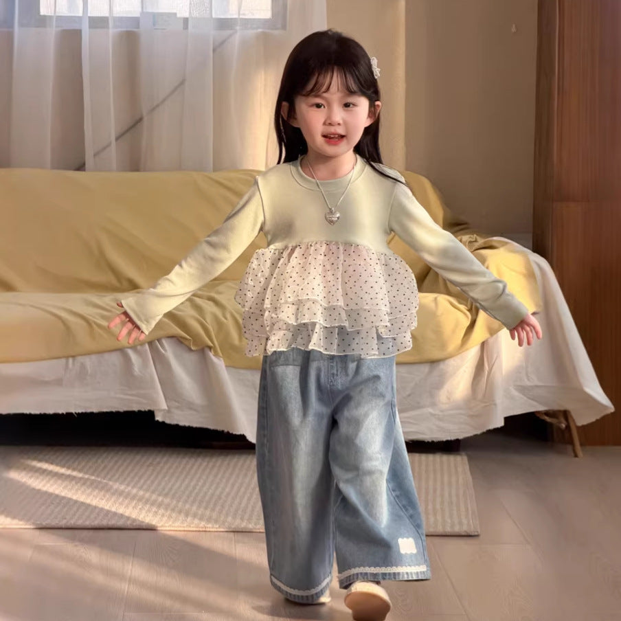 【90-140cm】韓版蕾絲花邊牛仔直筒褲