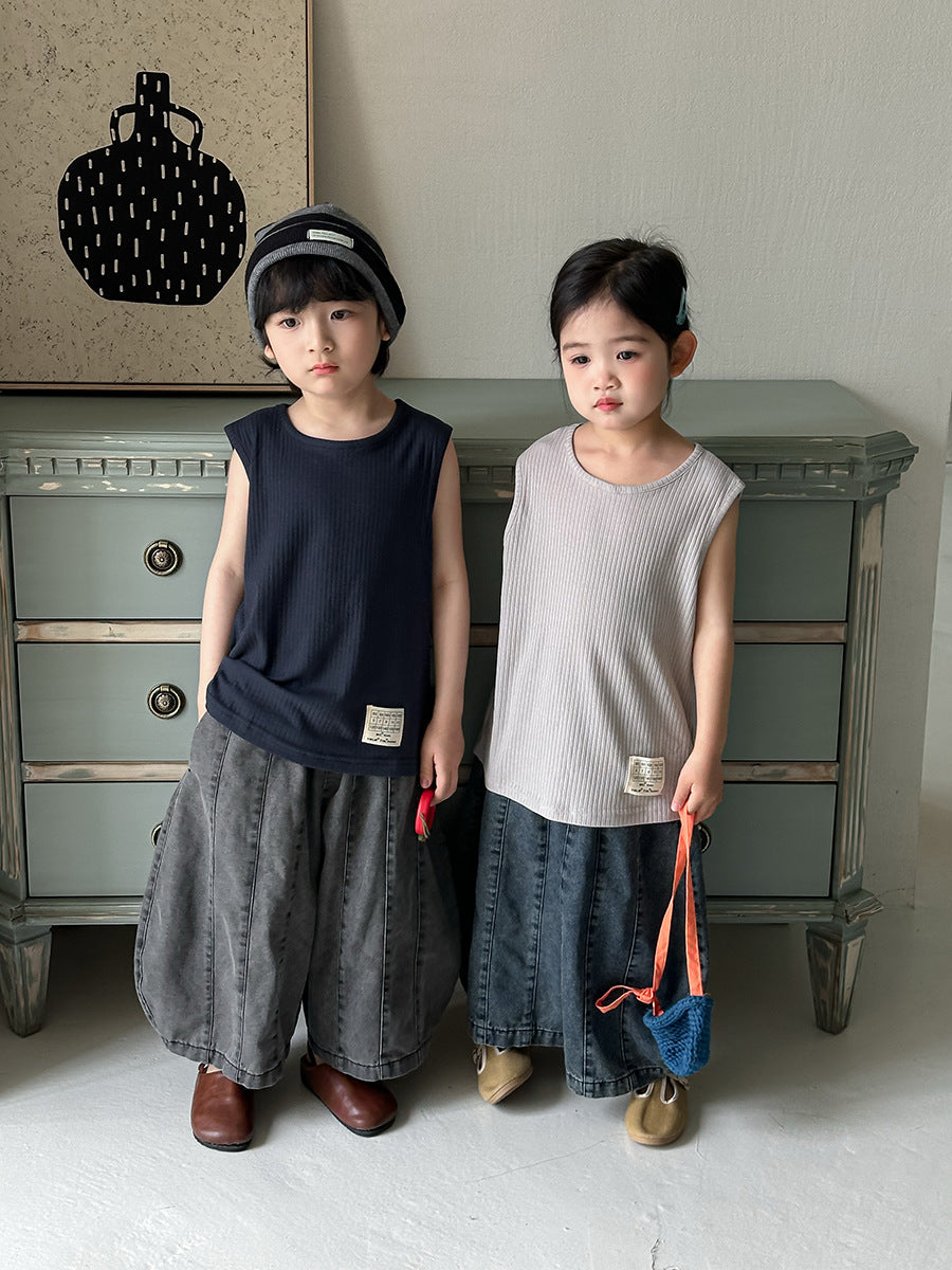 【80-140cm】拼接牛仔褲彎刀褲八分褲
