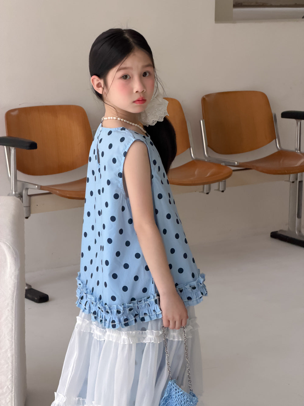 【100-160cm】韓版圓點花邊套裝