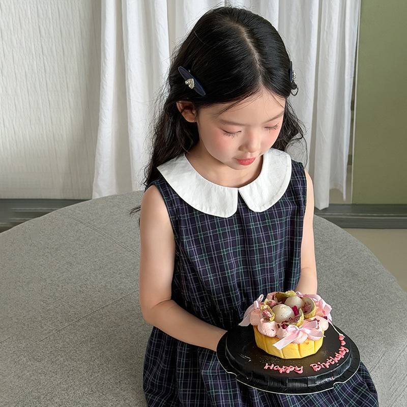【100-170cm】韓系學院風復古格子娃娃領背心裙