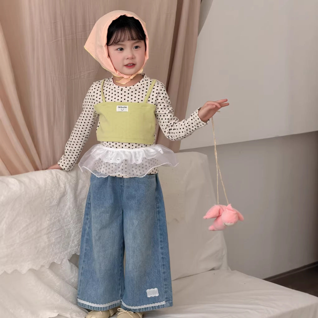 【90-140cm】假兩件長袖圓點吊帶拼色上衣