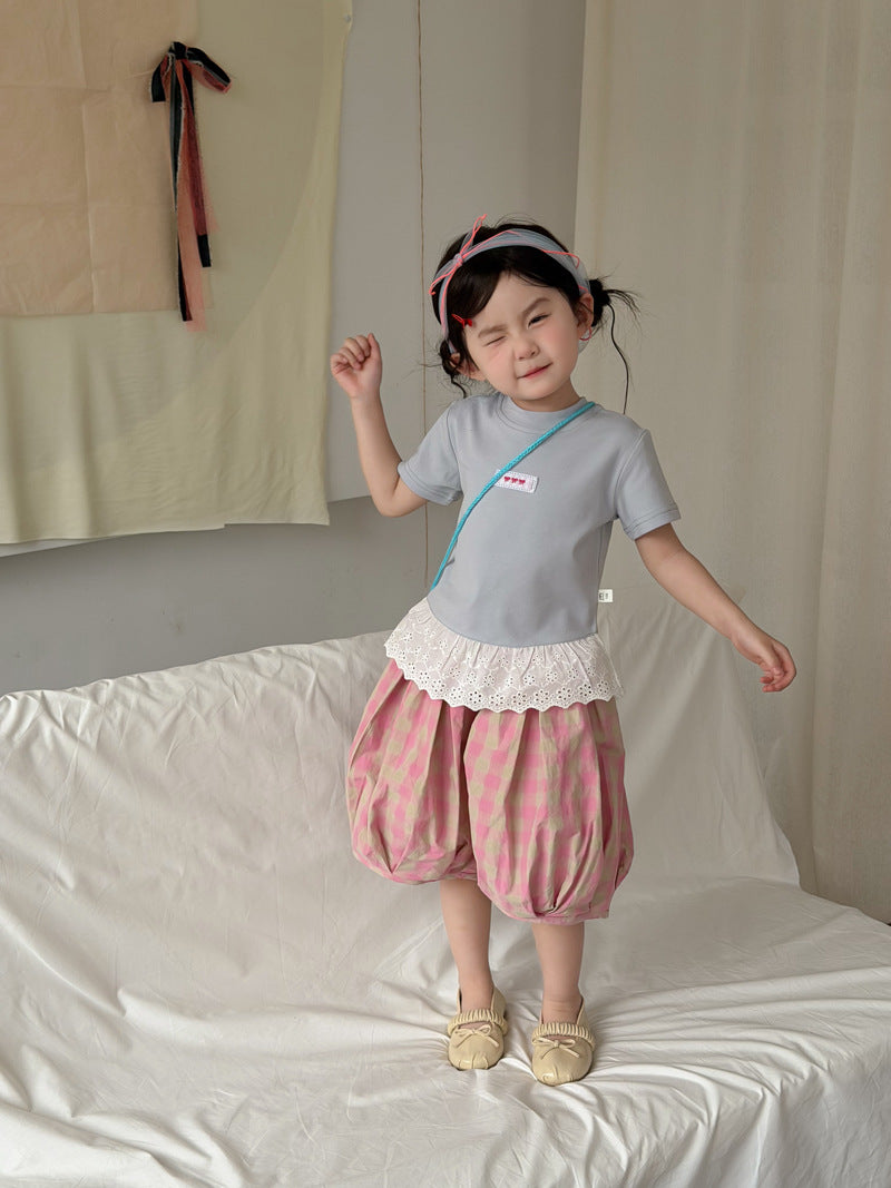 【90-140cm】韓版甜美蕾絲短袖