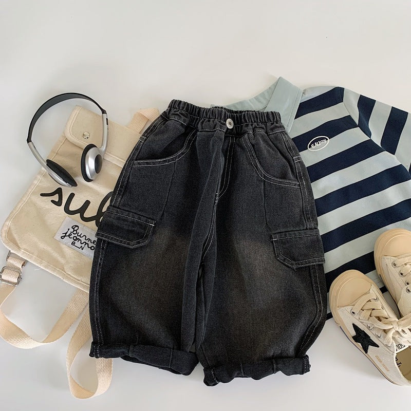 【現貨 90cm】純色口袋工裝牛仔直筒褲