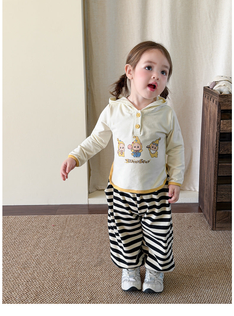 【73-110cm】星星連帽長袖 | 黃色針織開衫 | 條紋束腳褲