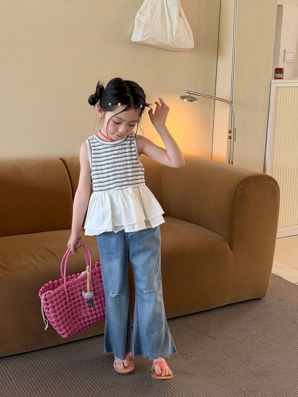 【100-160cm】條紋拼接荷葉邊背心
