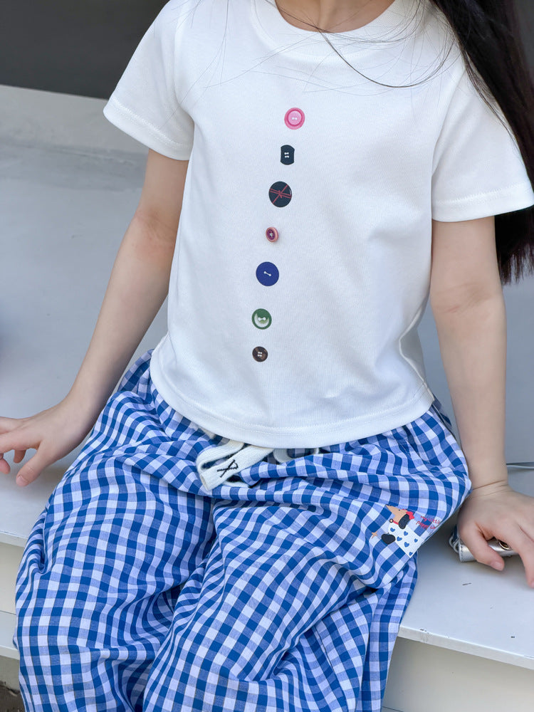 【100-170cm】韓版修身正肩彩扣T
