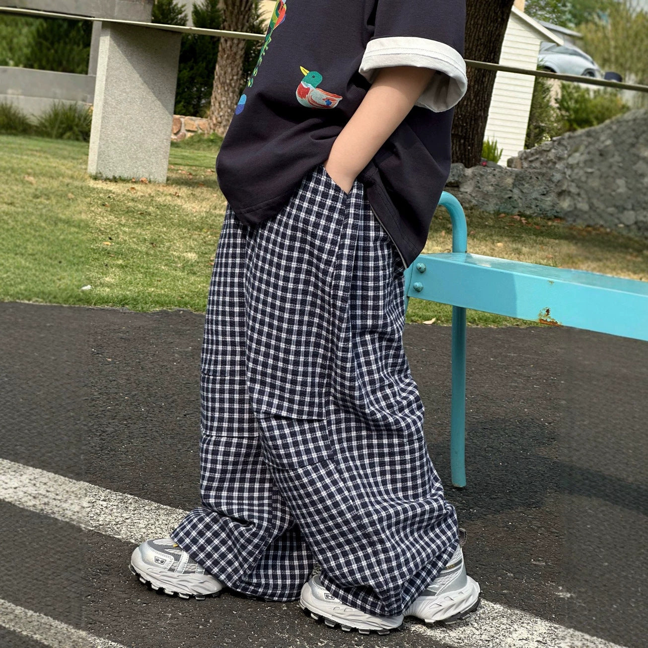 【100-160cm】格紋薄款防蚊束腳褲
