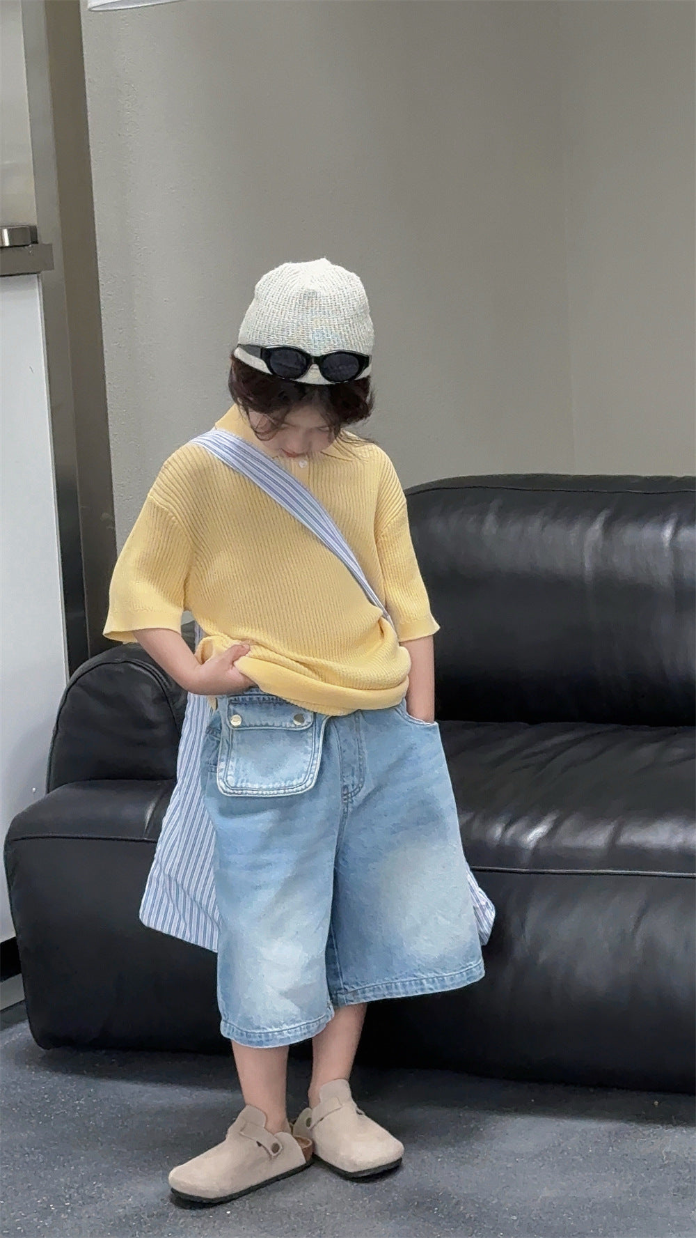 【100-160cm】腰包牛仔做舊休閒八分褲