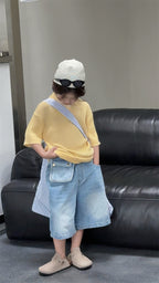 【100-160cm】腰包牛仔做舊休閒八分褲
