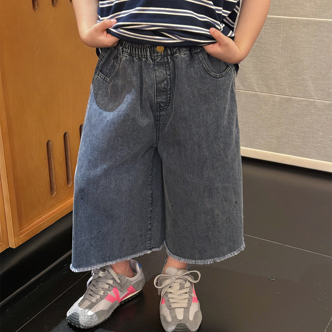 【100-160cm】做舊牛仔闊腿八分褲