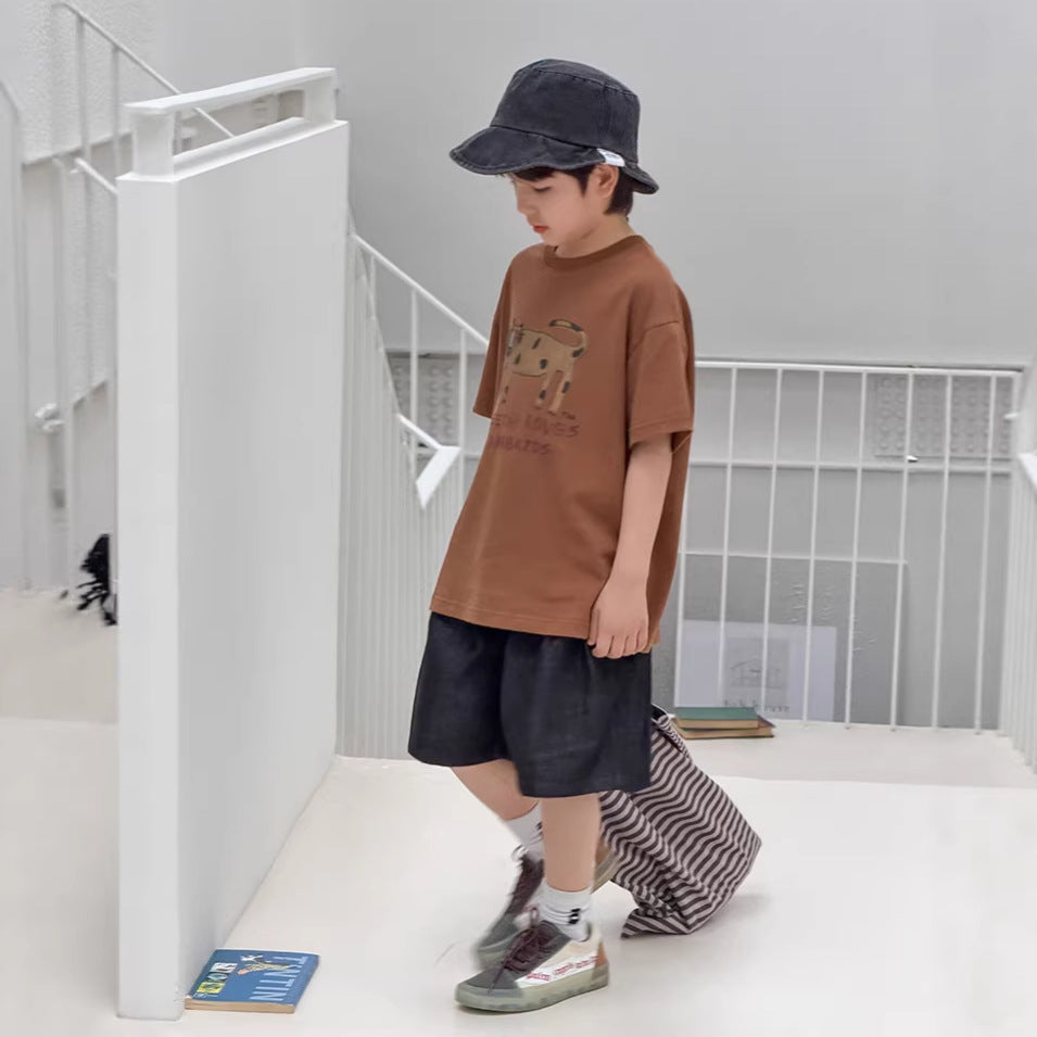 【100-170cm】韓版寬鬆水洗五分褲