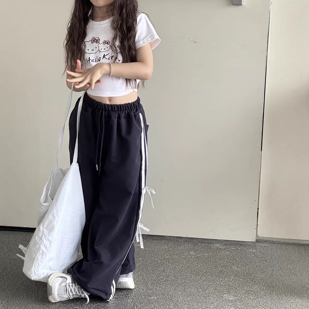 【100-150cm】韓版織帶蝴蝶結休閒闊腿褲