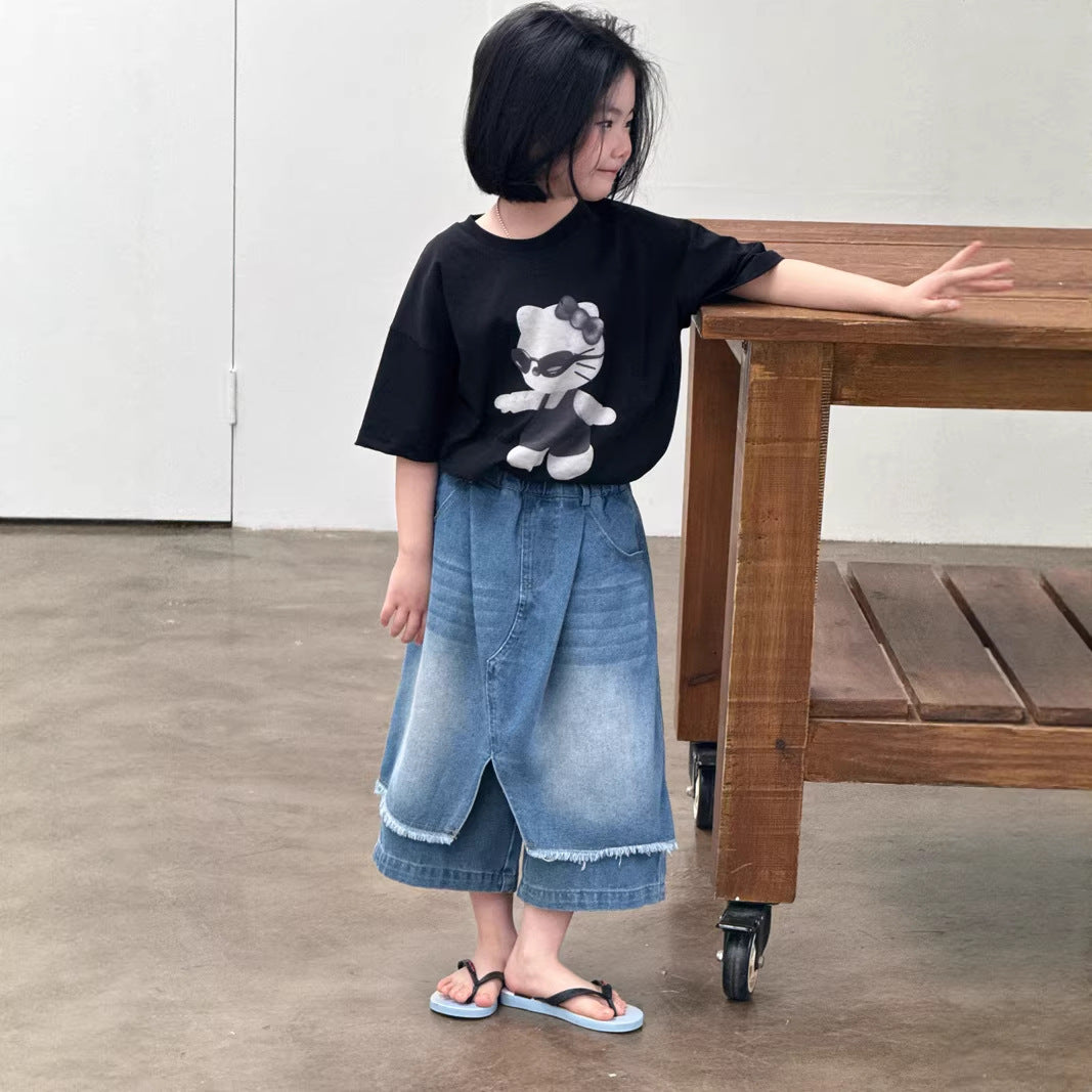 【120-160cm】不規則屁簾拼接寬腿七分牛仔褲