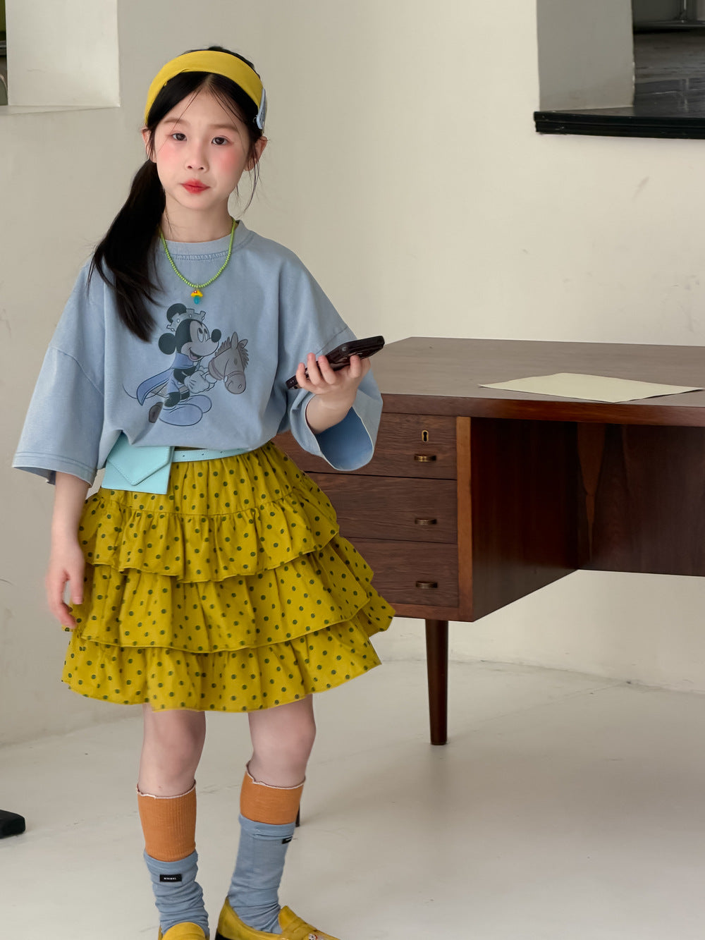 【100-160cm】韓版卡通印花短袖 | 圓點半身裙