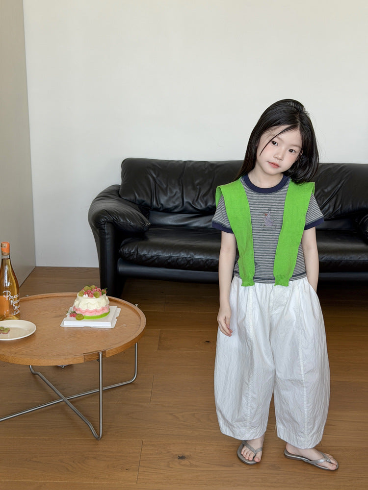 【100-170cm】休閒撞色復古條紋卡通T | 白色休閒褲
