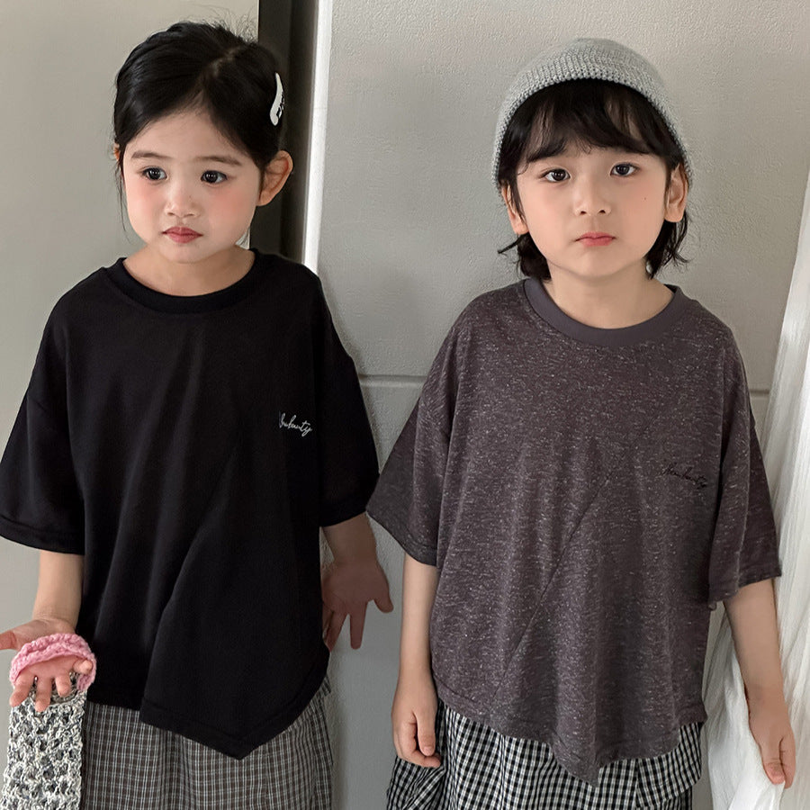 【80-140cm】棉麻不規則字母半袖T