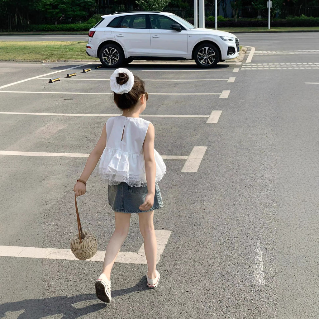 【90-140cm】韓版蓬蓬蕾絲下擺娃娃衫｜復古牛仔半身裙
