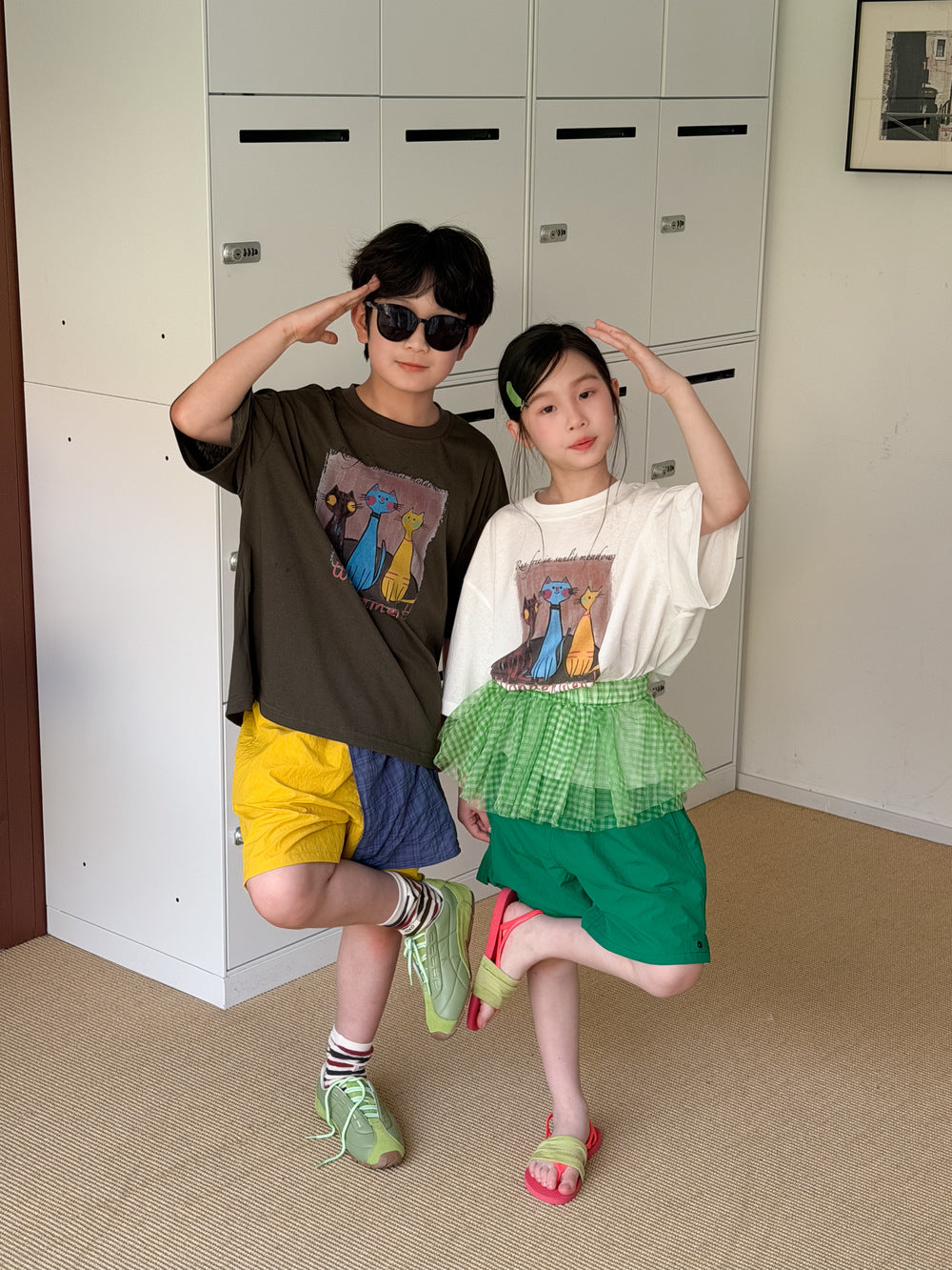 【100-160cm】韓版貓咪卡通T