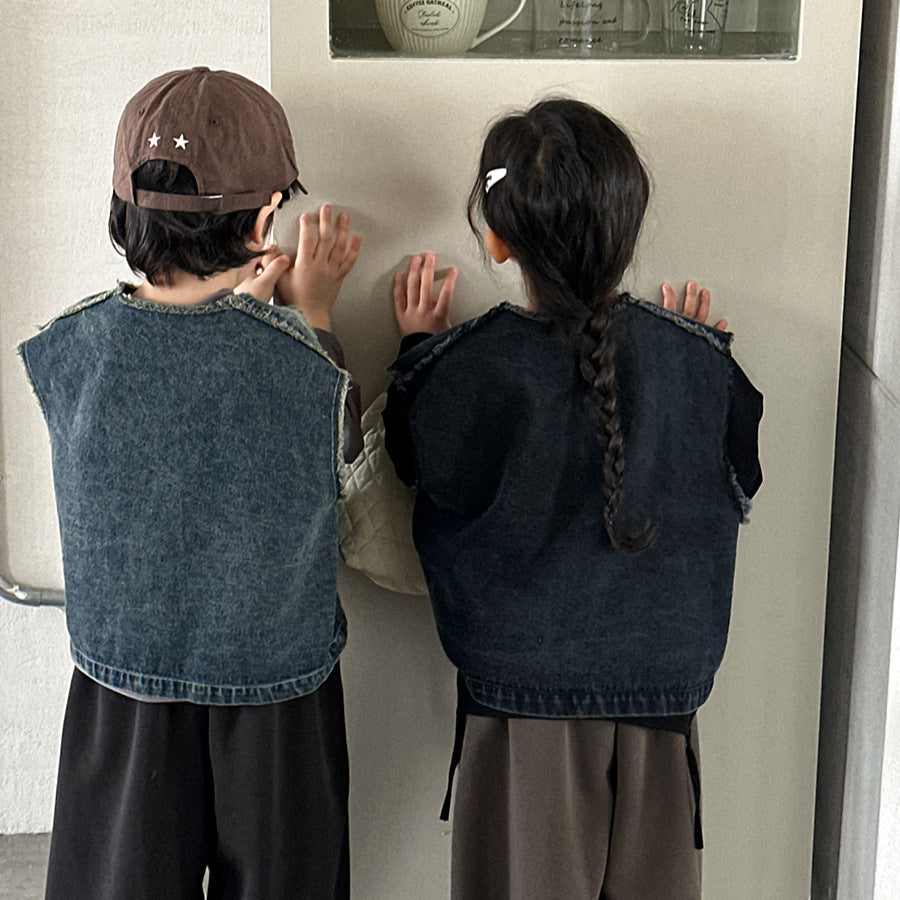 【80-140cm】短款毛邊牛仔工裝馬甲