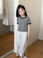 【100-170cm】休閒撞色復古條紋卡通T | 白色休閒褲