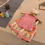 【90-140cm】坑條背心兒童彈性無袖上衣打底衫 | 印花半裙