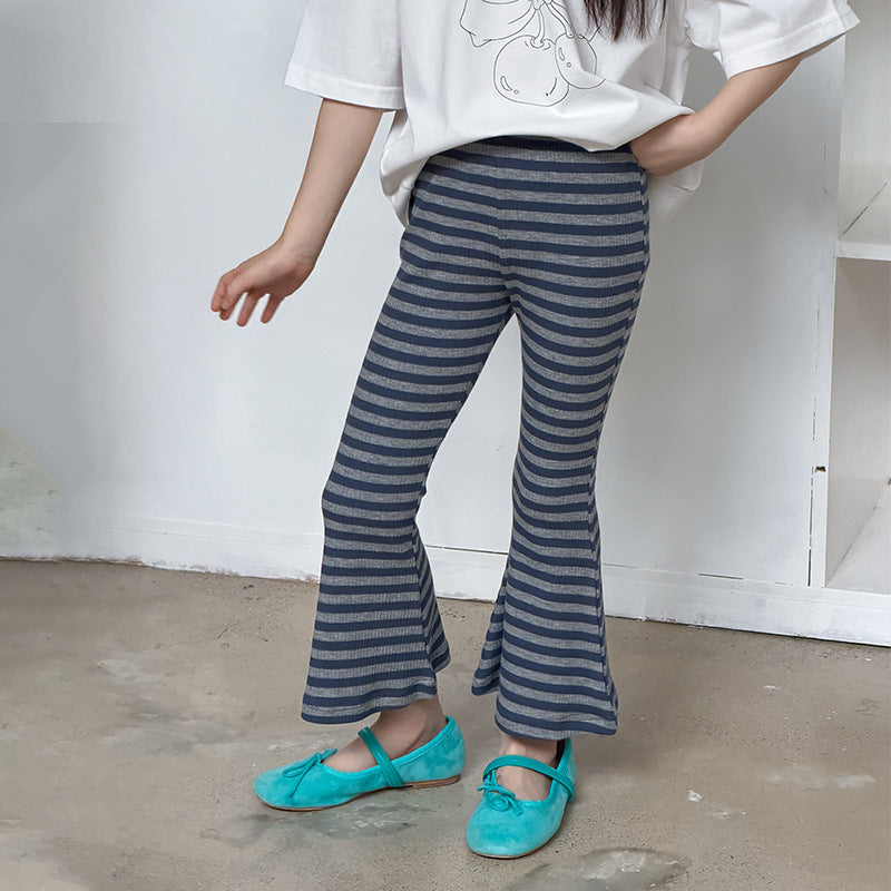 【100-170cm 】韓版莫代爾坑條修身條紋喇叭褲
